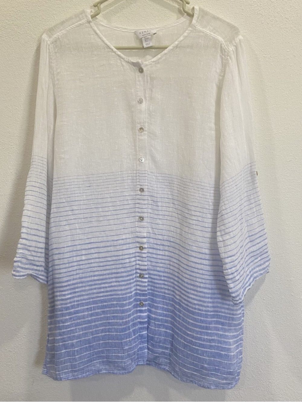 Kenar White to Light Blue Ombre Button-Down Shirt 100% pure linen